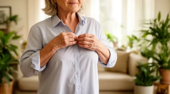 Femme ajustant discrètement un vêtement de compression sous sa chemise dans un salon lumineux