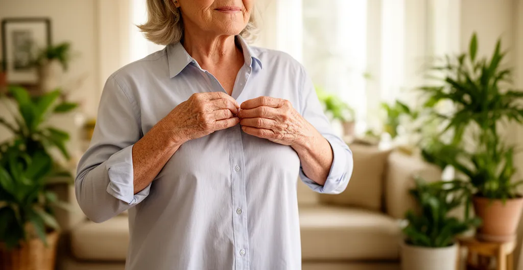 Femme ajustant discrètement un vêtement de compression sous sa chemise dans un salon lumineux