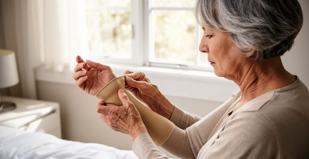Femme enfilant un manchon de compression beige sur son avant-bras dans une chambre lumineuse