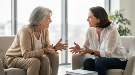 Senior discutant avec sa fille adulte dans un salon lumineux de résidence seniors Maine-et-Loire