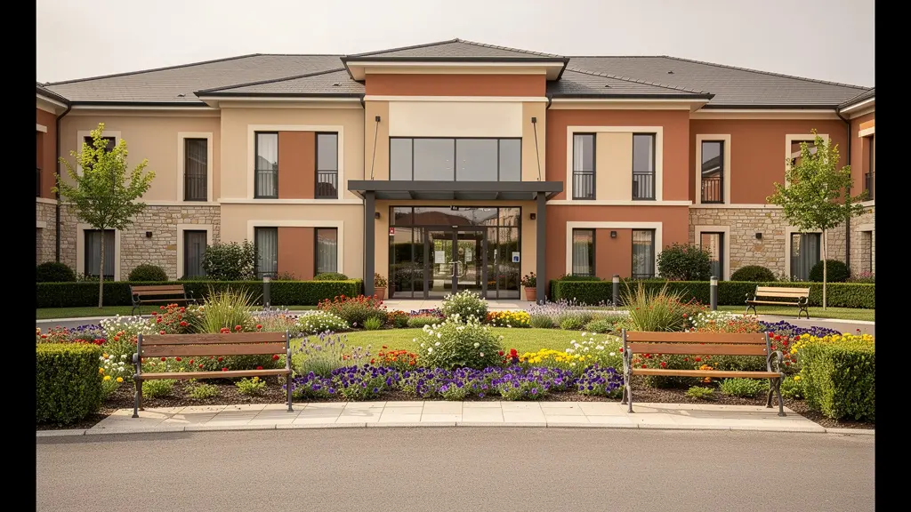 Façade accueillante d'une résidence seniors avec jardin fleuri en Maine-et-Loire
