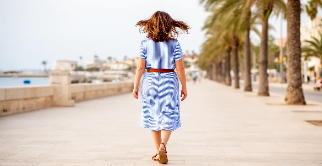 Femme marchant avec assurance sur la Promenade des Anglais à Nice, consultation chirurgien pied