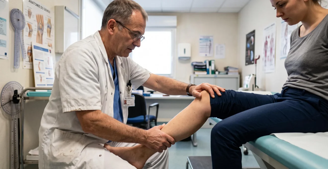 Un chirurgien orthopédiste teste manuellement la stabilité du genou d'un patient en consultation.