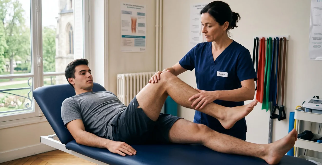 Un kinésithérapeute accompagne un patient lors d'un exercice de flexion du genou en rééducation.