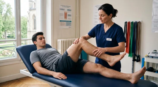 Un kinésithérapeute accompagne un patient lors d'un exercice de flexion du genou en rééducation.