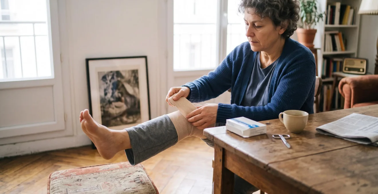 Une personne assise chez elle réalise un exercice de relevez de jambe avec le genou bandé.